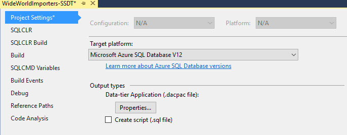 In Project settings, the Target platform is now set to  Microsoft Azure SQL Database V12.